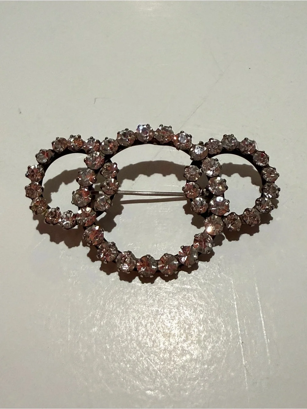 Vintage 875 Silver Clear Crystal Triple Circle Brooch Pin Prong Set Estate